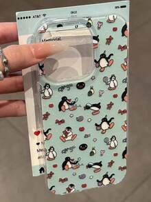 绿色背景企鹅印花 17/16 Pro Max 手机壳，优雅风格兼容 Apple 15 Pro、14 Plus、13、12/11 保护套，适合送给女朋友