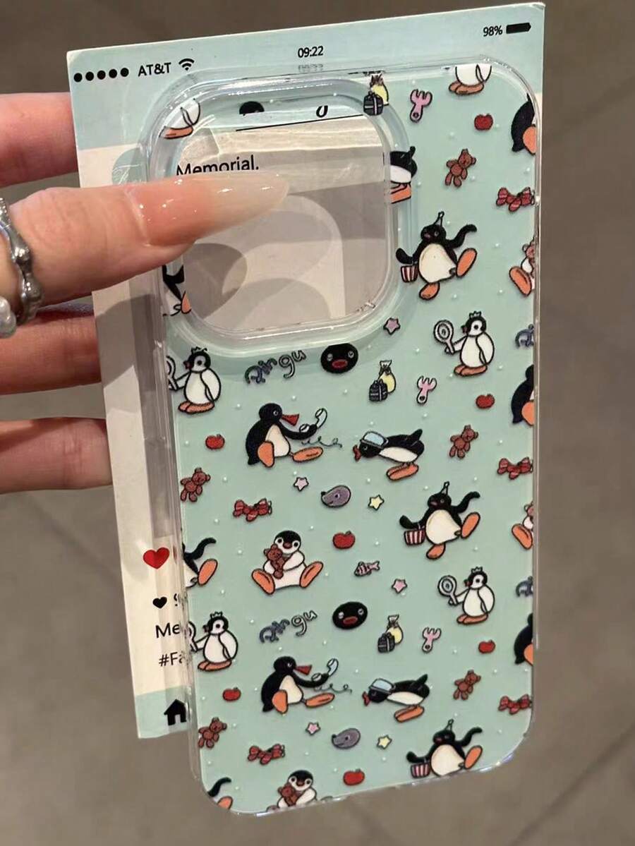 绿色背景企鹅印花 17/16 Pro Max 手机壳，优雅风格兼容 Apple 15 Pro、14 Plus、13、12/11 保护套，适合送给女朋友