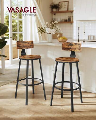 Bar Stools, Tall Bar Stools With Backrest, Kitchen Stools, Steel Frame, 73.2cm High Seat, Easy Assembly, Industrial, Rustic Brown And Black