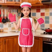 1 套儿童波尔卡圆点围裙烹饪玩具套装，男孩女孩厨房烘焙角色扮演体验，家庭互动，圣诞节派对礼物 - 彩色 - 查看 3