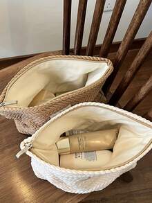 Woven Straw Textured Handbag, Cosmetic Bag, Clutch Purse, Zipper Pouch, Sanitary Napkin Storage Bag - Artistic And Elegant,Pouch,Makeup Pouch,Travel Essential - Multicolor - View 4