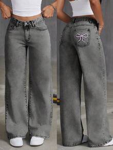 Teen Girl's Loose Fitting Butterfly Print Flare Denim Jeans