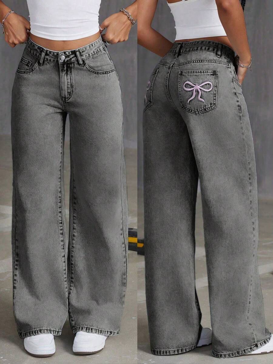 Teen Girl's Loose Fitting Butterfly Print Flare Denim Jeans