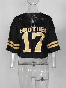 夏季街头复古经典数字 T 恤女式蕾丝拼布 V 领短款上衣时尚街头服饰嘻哈运动衫