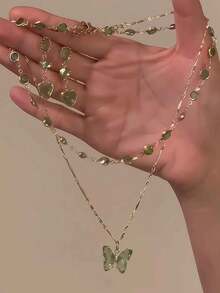 2 件简约设计蝴蝶装饰双层项链，绿色，百搭颈链，适合女士礼物，适合正式场合 - 蝴蝶項鍊套裝 - 查看 5
