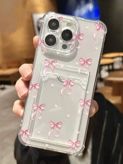 Pink Bow Painted Transparent Card Holder Multifunctional Wallet Card Case Thick Shockproof Phone Case Cover Compatible With IPhone 17/17 Pro/17 Pro Max, 15 Pro Max, 16/16 Pro/16 Pro Max/16 Plus, 15 XR/7/8, 15 Pro Max, 12 Pro Max, 13 Pro Max, 14 Pro Max, 13, 14, 11, 12P, 14P, 11P, 12/XS.XR/78P.78GES2, A134G, A22, A21S, A514G, A52, S22 Ultra, A335G, Redmi 10, Redmi Note 11 4G, Redmi 11 Lite, A53, A14/A23/S23 Ultra, S24, A14, A15, S23, A73 Phone Cases