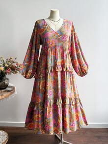 Rusttydustty Vestido plus size feminino, multicolorido, floral, boêmio, resort, manga lanterna, babados, bainha - Multicolorido - Ver 3