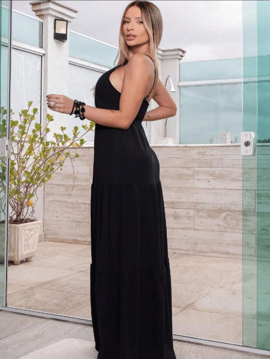 Women's Long Casual Loose Dress With Straps - Black - View 1