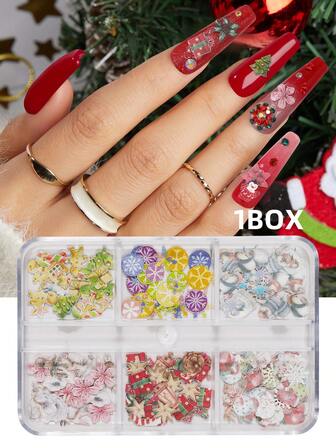 1 Boxes Christmas Nail Art Sequins Sticker, 3D Santa Claus Snowflake Elk Decals For Acrylic Nails, Christmas Tree Wood Pulp Glitter Flakes For Winter Nail Art Decorations
