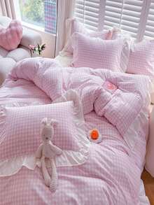 3pcs Lace Plaid Printed Bedding Set Including Duvet Cover And Pillow Cases (Without Inner), Soft And Breathable Fabric, Suitable For All Seasons, Duvet Cover With Zipper For Easy Washing,Fall Decor,Autumn Decor,Room Decor - Pink - View 6