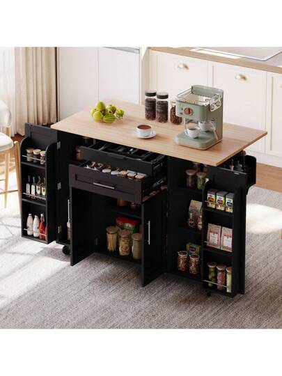 120*45cm, Mobile Kitchen Isl Trolley, Worktop Extends Up To 70cm, Hidden Cutlery Drawer, Adjustable Shelves, Spice Rack Towel Holder, Kitchen, Dining Room Or Living