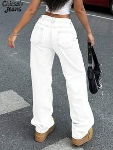 Women Casual Plain Color Water-Washed Wide Leg Denim Jeans For Daily Wear