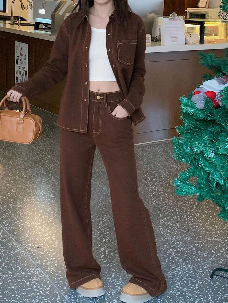 Livesso 女式长袖衬衫和宽松长裤两件套休闲牛仔套装 - 咖啡棕 - 查看 1