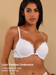 Wingslove Front Closure Underwire Bra For Women, Push Up Padded Plunge Design With Lace Racer Back