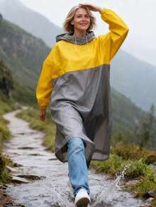1pc Gray & Yellow Splice Waterproof Raincoat, Full Body Protection, Thick Outdoor Hiking Rain Poncho