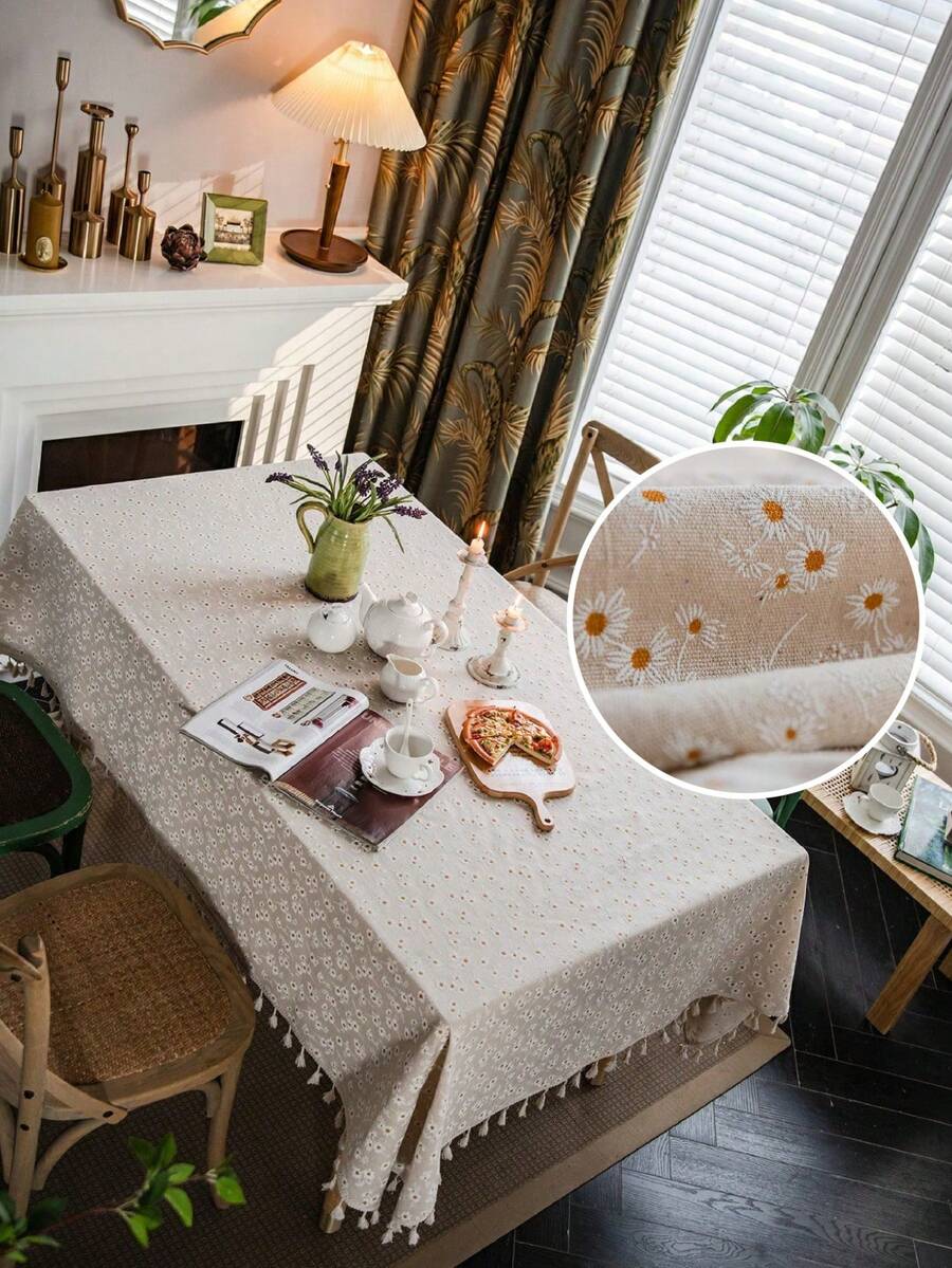 1 buc. Față de masă cu ciucuri, în stil pastoral francez, bej, cu imprimeu de crizanteme, husă de masă dreptunghiulară pentru măsuța de cafea, dulap TV, decor pentru casă