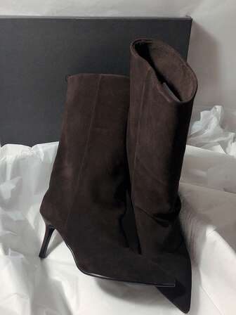 Höst/Vinter Bantande Nya Retro Mocka Läder Spetsig Tå Högklackade Slip-On Stövlar Till Halvhöga Vaden, Kitten Heels