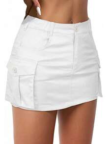 Womens Mini Cargo Skirts Y2k Denim Skirt With Pockets Low Waist Button Jean Skirts For Women - 玫紅色 - 查看 7