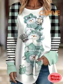 Tricou casual pentru femei, mărime plus, cu imprimeu de desene animate cu om de zăpadă și carouri, mânecă lungă, potrivit pentru primăvară și toamnă - Verde - Vizualizare 1
