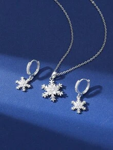 3 件套铜方晶锆石雪花项链和耳环首饰套装，休闲欧美风格圣诞礼物 - 銀色 - 查看 8