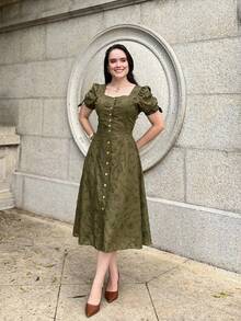 Women's Midi Dress, Casual, Elegant, Cotton, Daily - 軍綠色 - 查看 4