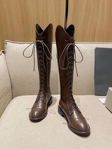 2026 Bottes hautes de haute qualité et à la mode pour l'automne, avec un talon épais. Bottes mi-mollet polyvalentes et élégantes à bout pointu et talon bas. Chaussures minimalistes et élégantes pour femmes - Tabac - Voir 3