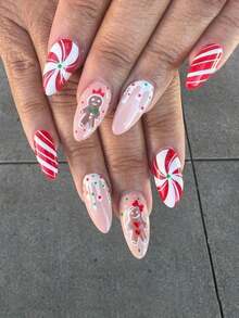 24 pezzi di smalto per unghie a goccia di medie dimensioni natalizio, stile europeo e americano, con strisce rosse natalizie, design carino di omini di pan di zenzero, patch decorative per arte di unghie, unghie finte completamente coperte, patch artistiche per il ritorno a scuola, accessori per arte di unghie, set di unghie versatile per uso quotidiano, adatto per donne d'ufficio, feste, appuntamenti e uso quotidiano per decorare le unghie e migliorare il tuo stile di moda