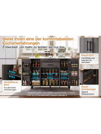 120*45cm, Mobile Kitchen Isl Trolley, Worktop Extends Up To 70cm, Hidden Cutlery Drawer, Adjustable Shelves, Spice Rack Towel Holder, Kitchen, Dining Room Or Living view 9