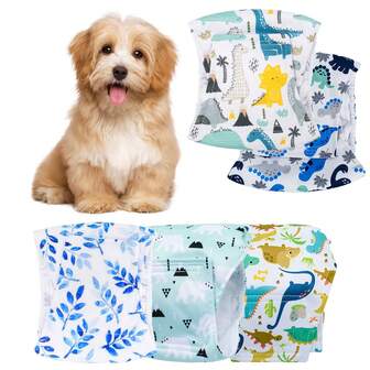 5 件可重复使用的公狗尿布，柔软透气的小狗尿布，带有可爱的印花，可调节腰围，适用于失禁、术后护理和室内训练