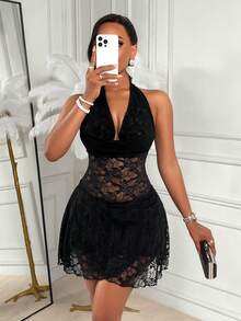 时尚黑色露背深V领透视蕾丝紧身迷你连衣裙，适合夜店派对穿着 - 克色 - 查看 1
