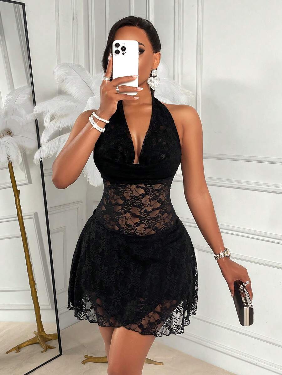 时尚黑色露背深V领透视蕾丝紧身迷你连衣裙，适合夜店派对穿着 - 克色 - 查看 1