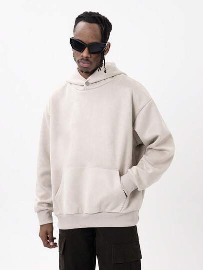 MT99 MT99 Suede Series Solid Color Pullover Hoodie, Beige, Button Decor, Unisex Design