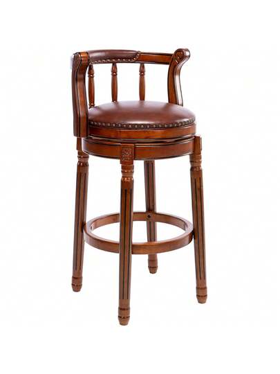 Cowhide Top Wooden Bar Stool, 360 Degree Swivel Height Stoel Home Kitchen Counter, Morden Stool