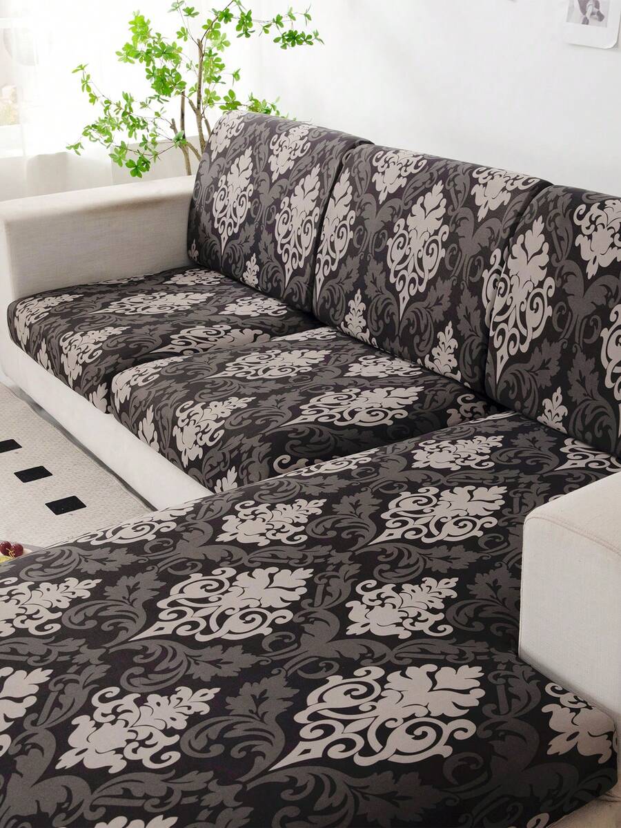 1pc Milk Silk Printed Stretch Sofa Seat Cushion Cover - Chocolate Brown - View 1