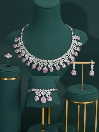 四件套奢华珠宝套装：项链、耳环、戒指、手链，镶嵌红色锆石，新娘珠宝套装，优雅项链套装，情人节奢华礼物