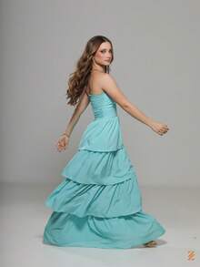 SAMANTHA LONG DRESS WITH LAYERED RUFFLES, STRAP-OFF, TWISTED AT THE BUST - Màu ngọc lam - Xem 7