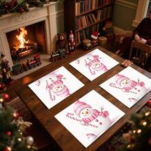 1 pieza/4 piezas/6 piezas/100 piezas Vajilla con patrón de muñeco de nieve rosa navideño, aislante térmico, de poliéster lavable a máquina, vajilla protectora, decoración central, decoración diaria para sala de estar familiar, adecuada para decoración de reuniones grupales - Multicolor - Ver 2