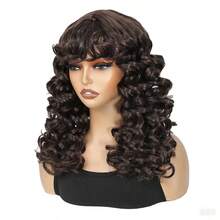 Synthetic Heat Resistant Wigs Bouncy Curls Wigs With Bangs Copper Ginger 20 Inch Dark Brown Wig Bangs Wig Daily Used Easy To Wear Beginner Friendly Big Bouncy Fluff Curly Wigs - Dark Brown - 查看 7