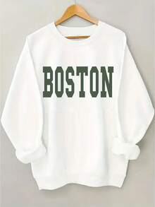 Boston Letter Print Crew Neck Casual Sweatshirt For Women, 100% Polyester Knit Fabric, Long Sleeve Pullover For Fall/Winter - 白色 - 查看 2
