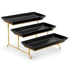MALACASA 3 Pieces Ceramic Serving Plate Set, Black Poreclain, Serving Platters, 3 Tier, Large Serving Platters, Rectangular Serving Trays With Golden Tray Rack, 14 Inch - Black - View 2