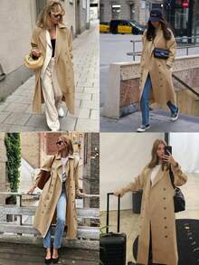 Women's Fall Oversized Long Trench Coat Double Breasted Lapel Collar Elegant Casual Chic Outerwear - 卡其色 - 查看 3