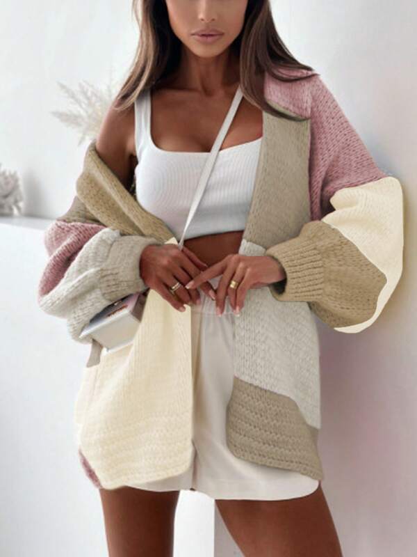 2025 New Women's Autumn Jacket, Colorblock Long Sleeve Knit Cardigan, Stylish Design High-End Contrast Color Sweater Coat, Casual Fashion Drop Shoulder Lantern Sleeve Comfortable Outerwear, Loose Fit Plus Size