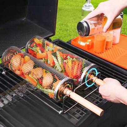 3 قطع مجموعة شواء الشواء، مع مقابض، مصنوعة من الفولاذ المقاوم للصدأ 304، مجموعة أدوات الشواء مصممة لمنع الحرق، أساسيات الشواء الخارجي المحمول، قفص طهي دائري لحفرة النار، ملحقات شواء التخييم، أدوات شواء أساسية