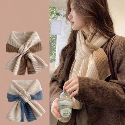 Women's Versatile Knitted Cross Scarf, Adorable Color-Blocking Fashion, Warm Scarf, Women's Winter Knitted Scarf, Women's Dual-Color Ribbed Keyhole Open Scarf, Soft & Cute Neck Warmer, Wool Autumn Scarf