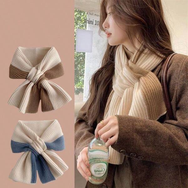 وشاح مضفر قابل للاستخدام متعدد الأغراض للنساء، موضة جذابة بألوان متباينة، وشاح دافئ، وشاح مضفر شتوي للنساء، وشاح مفتوح بتصميم مزدوج اللون للنساء، دافئ وجميل للرقبة، وشاح صوفي للخريف