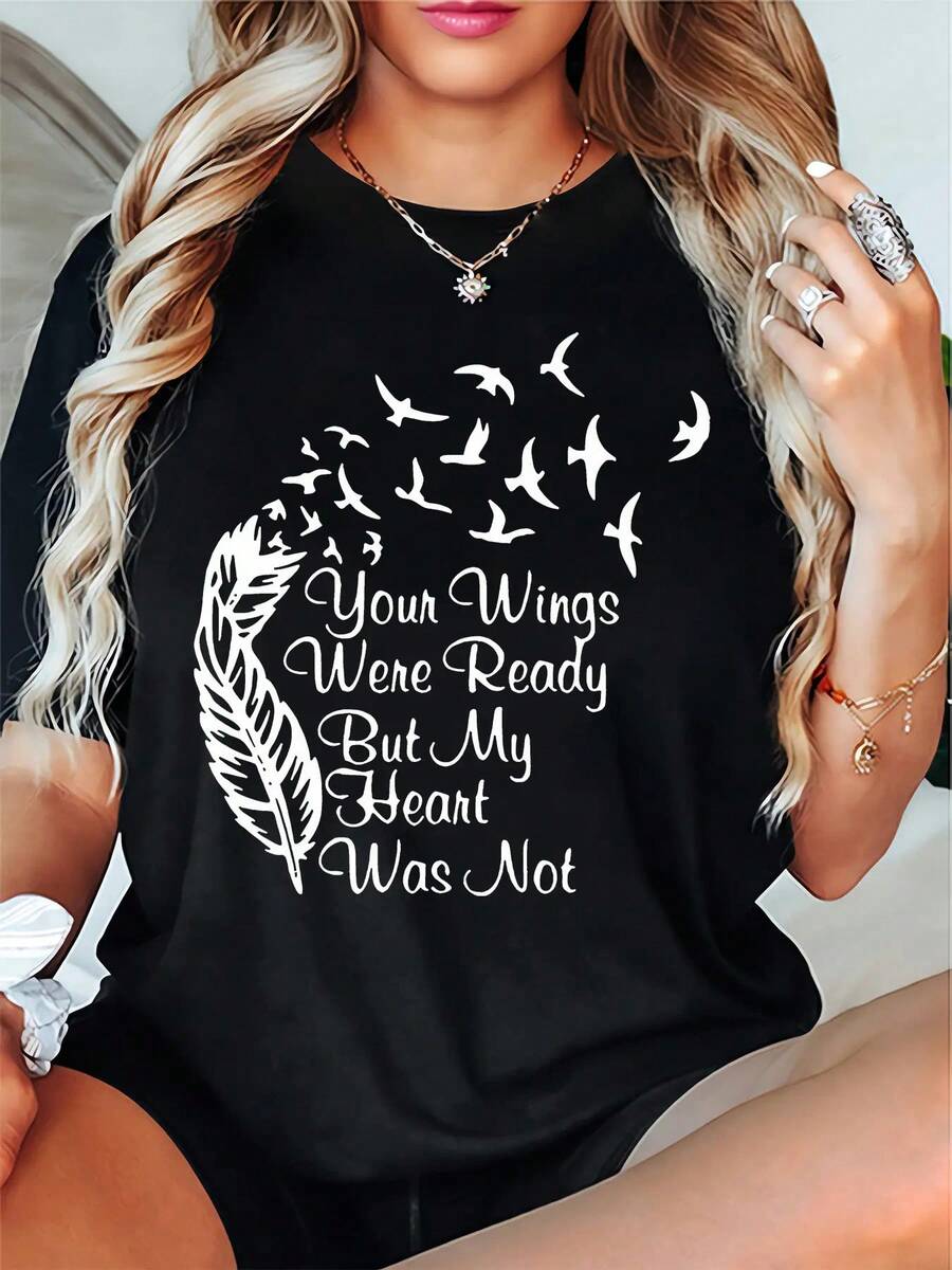 A Hand-Painted Version Of Wings Butterfly Letter Love A Hand-Painted Feathered Print Crew-Neck T-Shirt, A Gift For Vallove Pattern Printed Round Neck T-Shirt, Valentine's Day Hit A Gift, Letter Print Short-Sleeved Four Seasons All-Matching Ladies Top - 黑色 - 查看 1