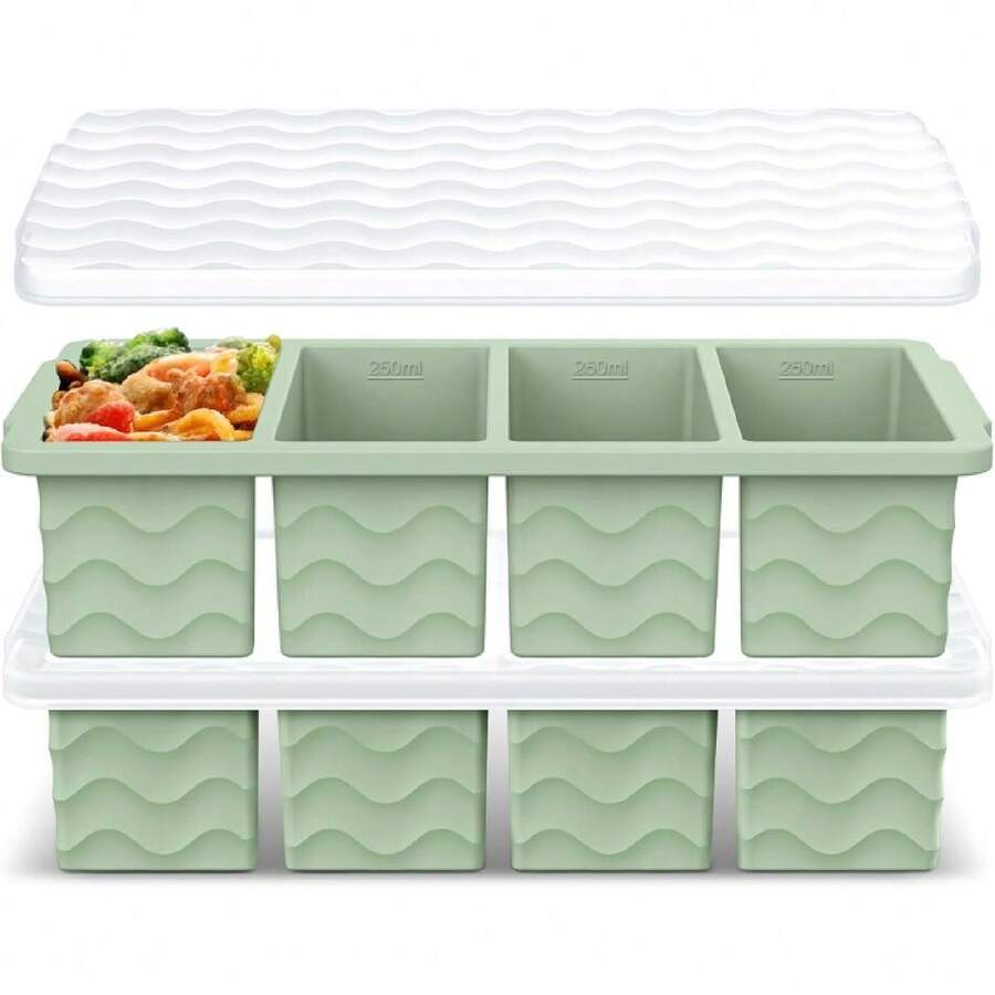 Silicone Freezer Tray For Soup With Lid – 1-Cup Soup Container Cube Style Ice Cube Trays For Freezer, Meal Prep & Food Storage, Freeze 250mL/125mL Portions – 2 Pack,24563411 - Màu xanh Bạc hà - Xem 1