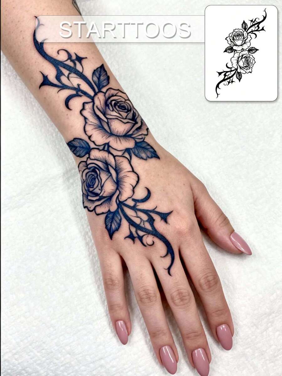 CAT QUEEN ART Tatuaggio temporaneo con ingredienti vegetali naturali, tatuaggio semi-permanente, adesivo tatuaggio minimalista, motivo rosa spinosa, tatuaggio finto temporaneo per dita, fai-da-te per braccio, coscia, spalla, collo, clavicola, polso, caviglia, adatto per uso quotidiano, feste, regali per vacanze, decorazione per il corpo per 1-2 settimane, non sbiadisce, non riflettente, impermeabile, adesivo tatuaggio realistico, 1 confezione