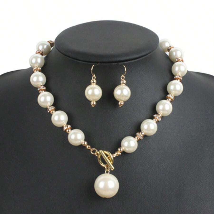European And American Simple And Fashionable Round Imitation Pearl Necklace Earring Set - White - View 1