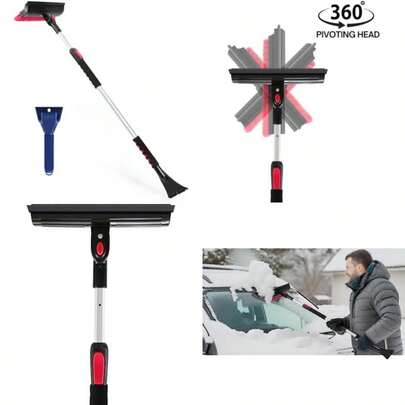 POWERJET 39"- 61" 3-1 Pivot Long Snow Brush With Ice Scrapper (C80000), Window Squeegee, Snow Broom Head, Pin Lock Telescopic With Soft EVA Grip, Ice Scraper Combo, Cars, SUVs(Default)
